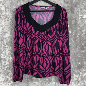 Worthington Womens Size L Abstract Stretch V Neck Blouse Purple Long Sleeve Top